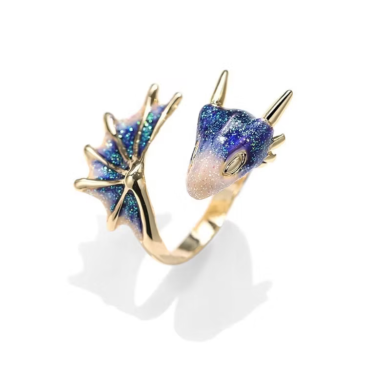 Adjustable Dragon in Silver and Hand Painted Enamel Rings