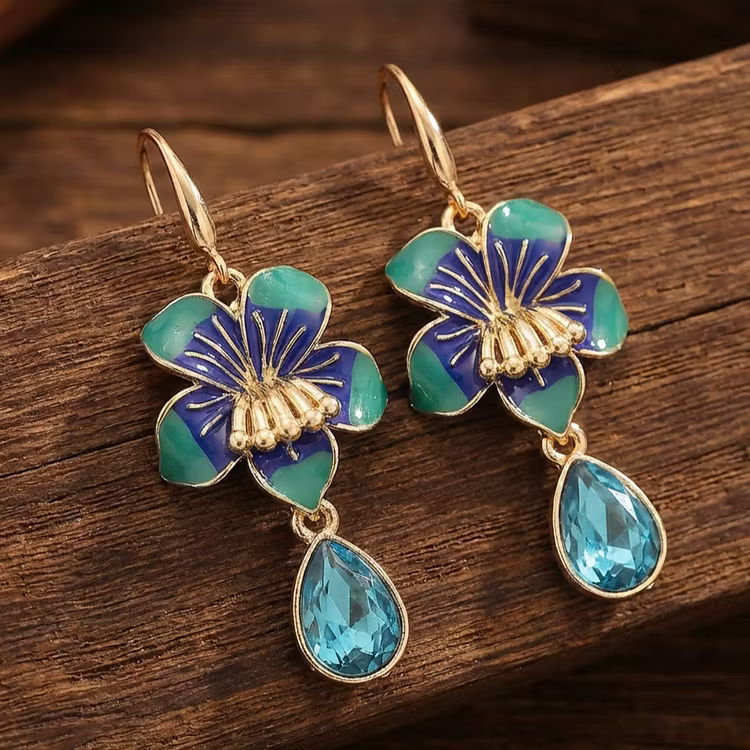 Aoaome Vintage Enamel Pansy Flower Drop Earrings