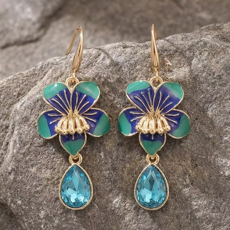 Aoaome Vintage Enamel Pansy Flower Drop Earrings