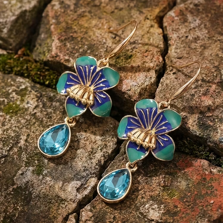 Aoaome Vintage Enamel Pansy Flower Drop Earrings
