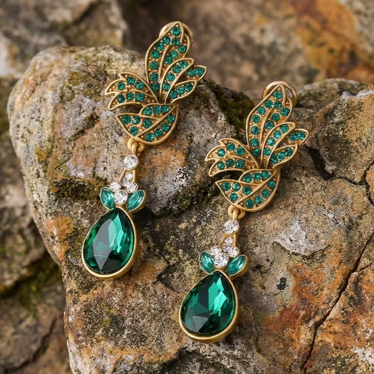 Aoaome 925 Silver Vintage Emerald Green Gem Drop Earrings