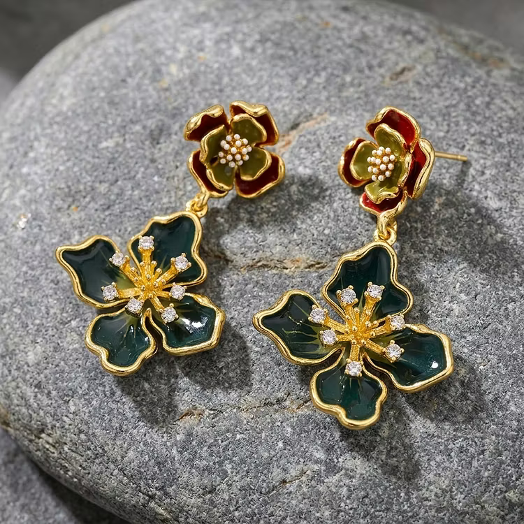 Aoaome 925 Silver Vintage Enamel Clover Flower Earrings