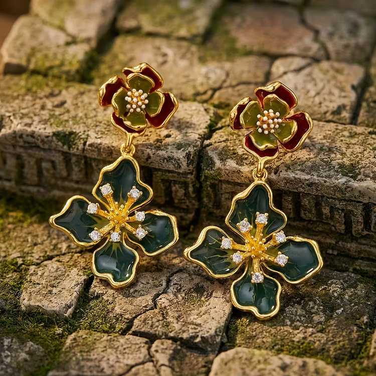 Aoaome 925 Silver Vintage Enamel Clover Flower Earrings