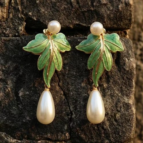 Aoaome 925 Silver Vintage Green Enamel Leaf Pearl Drop Earrings