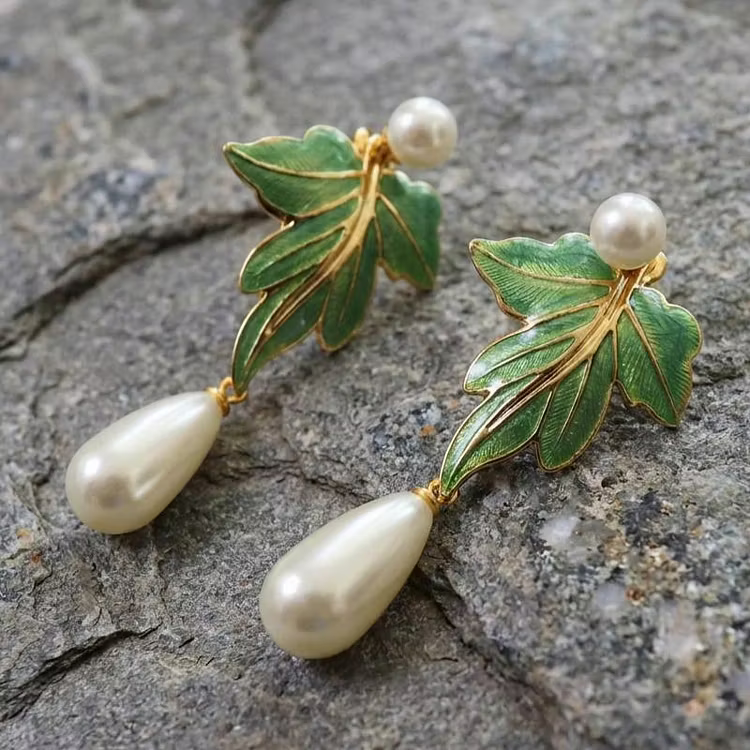 Aoaome 925 Silver Vintage Green Enamel Leaf Pearl Drop Earrings