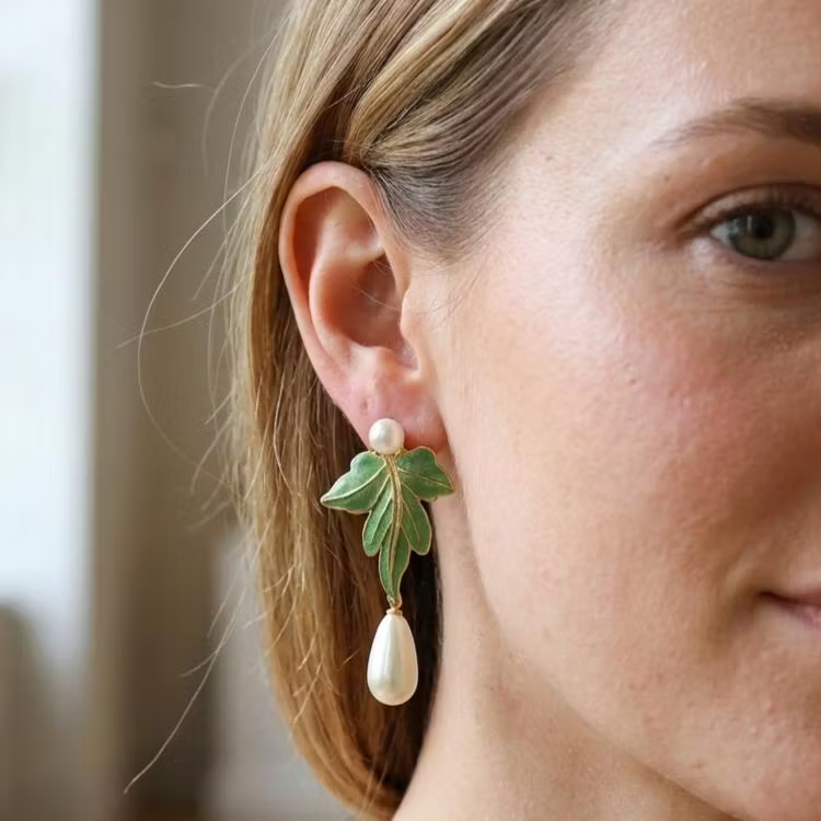 Aoaome 925 Silver Vintage Green Enamel Leaf Pearl Drop Earrings