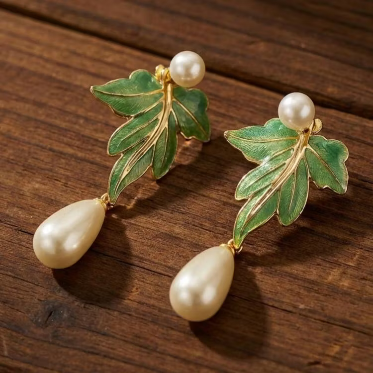 Aoaome 925 Silver Vintage Green Enamel Leaf Pearl Drop Earrings