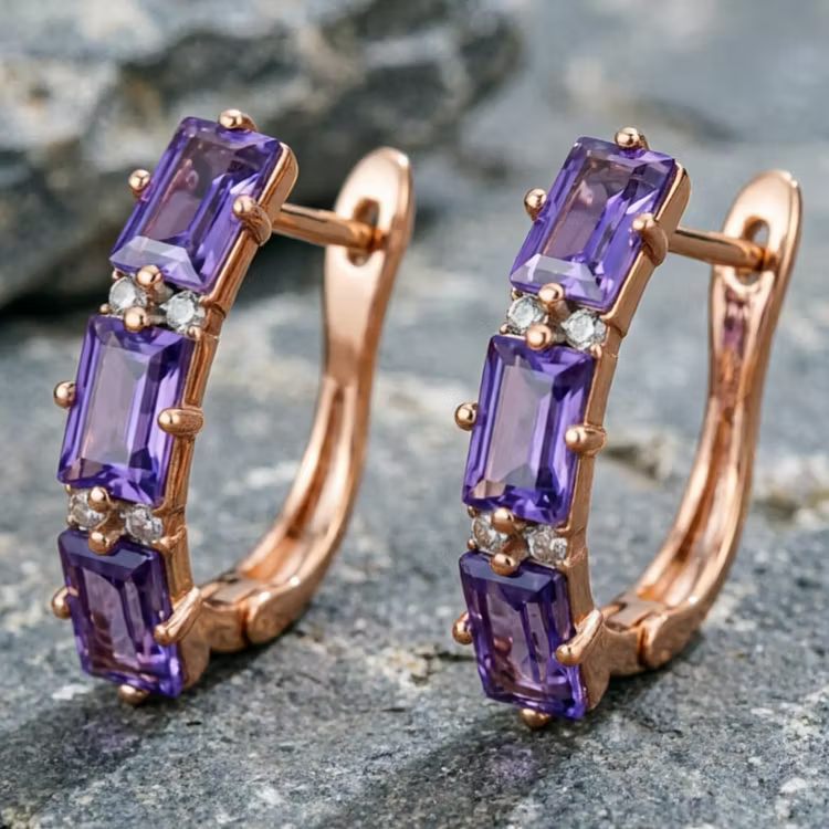 Aoaome Amethyst Baguette Cut Rose Gold Hoop Earrings