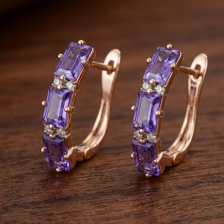 Aoaome Amethyst Baguette Cut Rose Gold Hoop Earrings