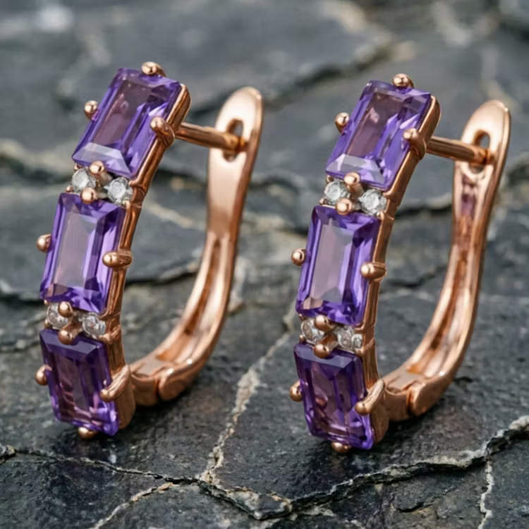 Aoaome Amethyst Baguette Cut Rose Gold Hoop Earrings