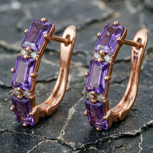 Aoaome Amethyst Baguette Cut Rose Gold Hoop Earrings