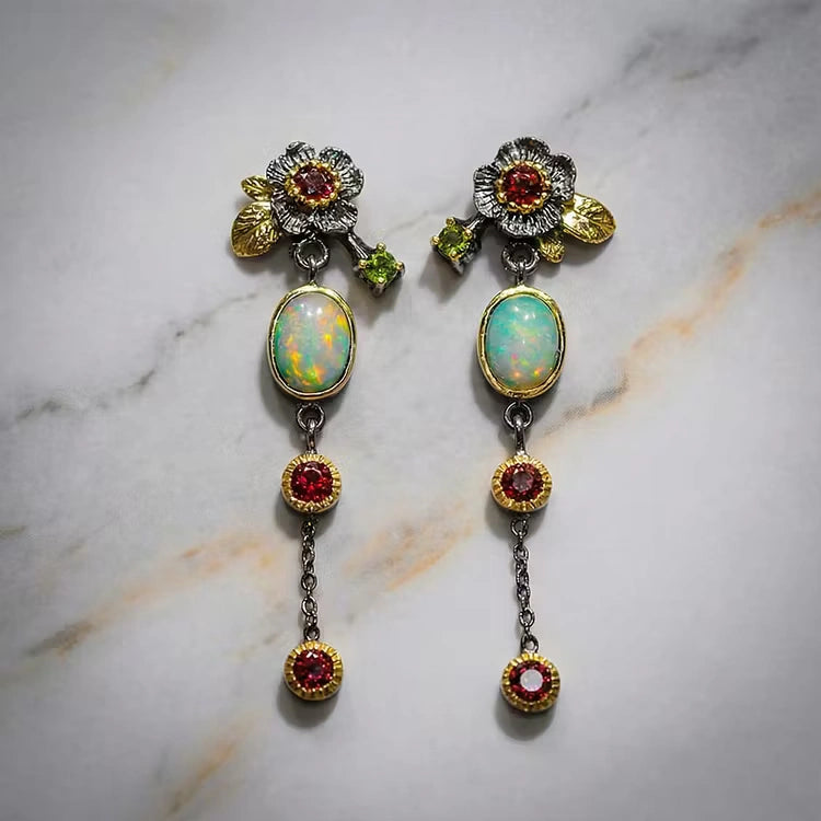 Aoaome Boho with Opal and Red Zirconia Earrings