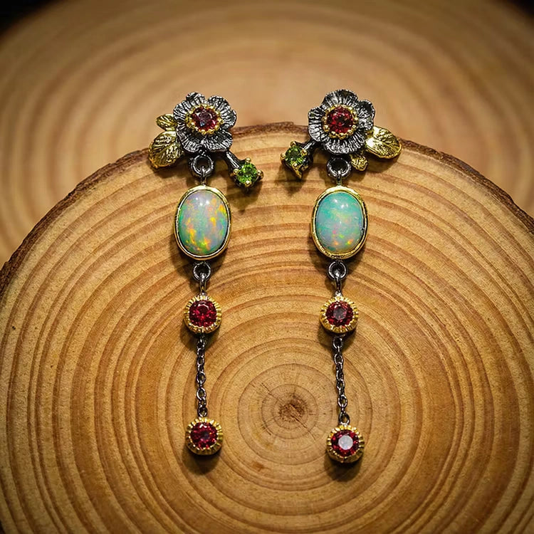 Aoaome Boho with Opal and Red Zirconia Earrings
