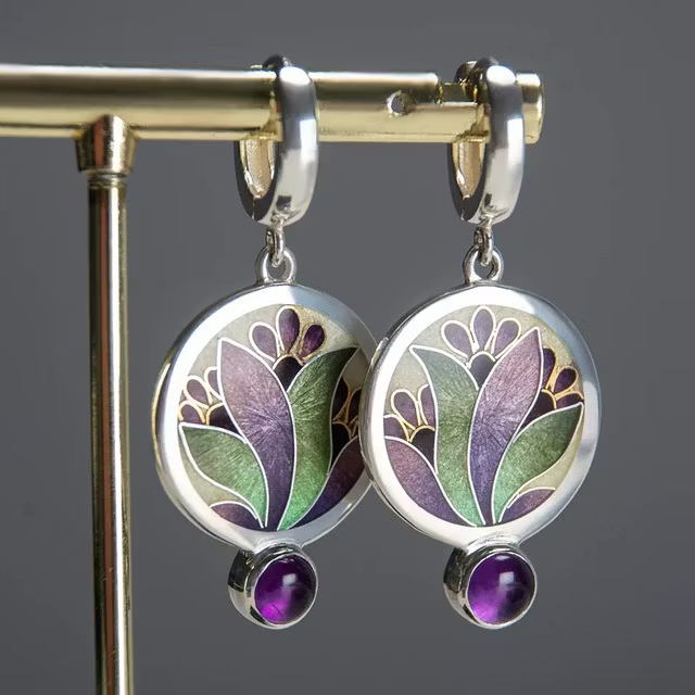 Aoaome Boho with Purple Crystals in Sterling Silver Earrings