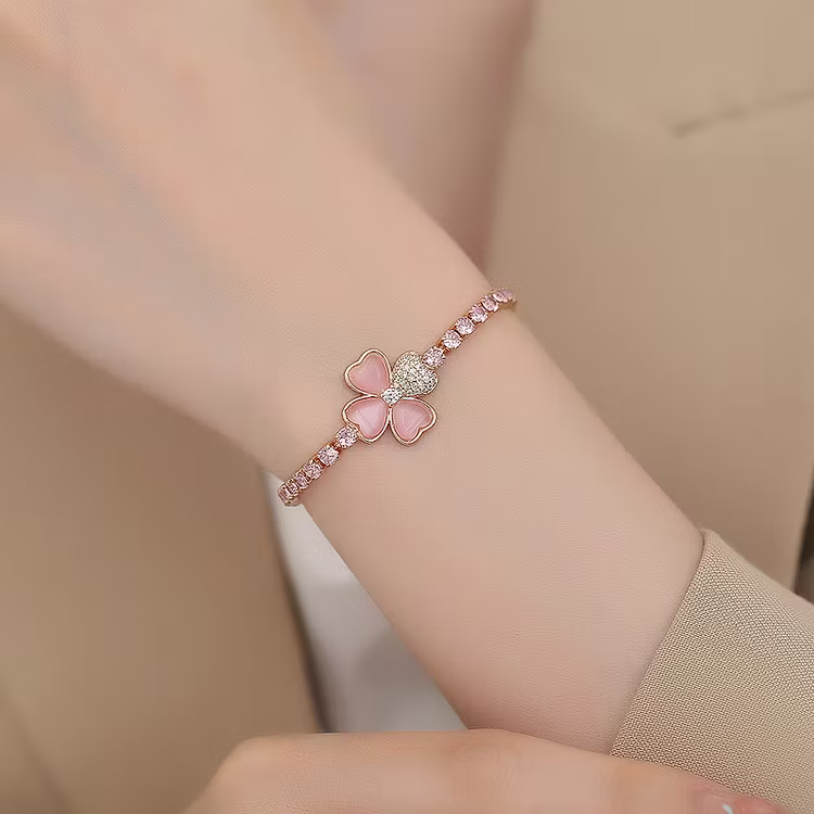 Aoaome Cat's Eye Stone Clover Pink Diamond Bracelets