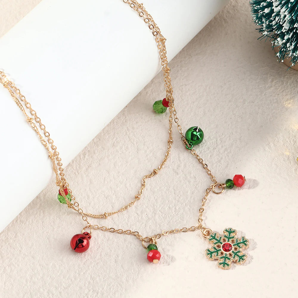 Aoaome Christmas Bells and Snowflakes Double-Layer Collar Necklaces