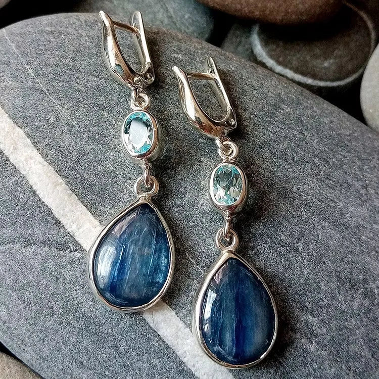 Aoaome Elegant Silver with Aquamarine and Banded Blue Gemstones Earrings