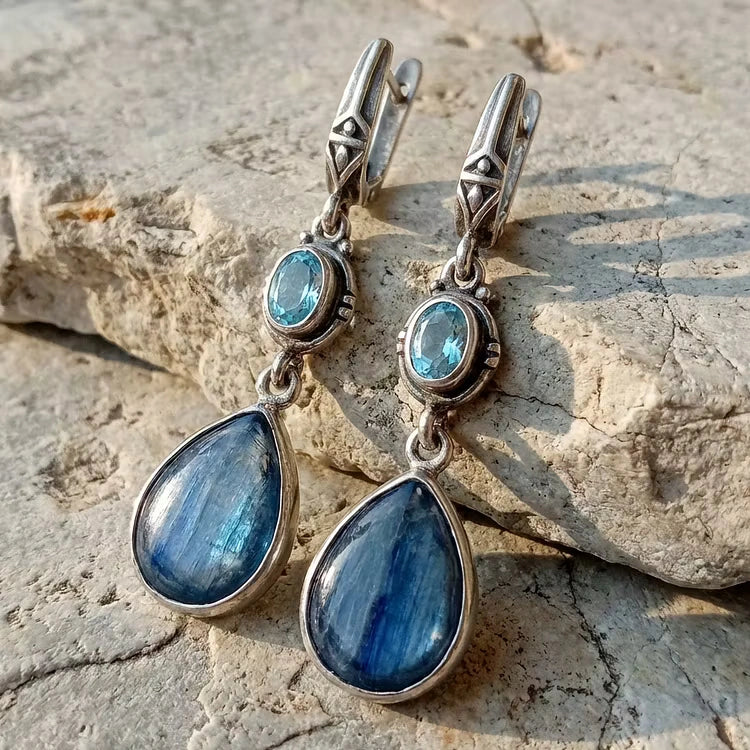 Aoaome Elegant Silver with Aquamarine and Banded Blue Gemstones Earrings