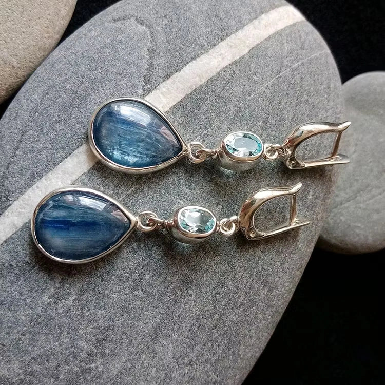 Aoaome Elegant Silver with Aquamarine and Banded Blue Gemstones Earrings