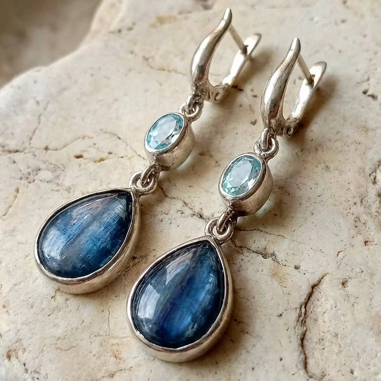 Aoaome Elegant Silver with Aquamarine and Banded Blue Gemstones Earrings