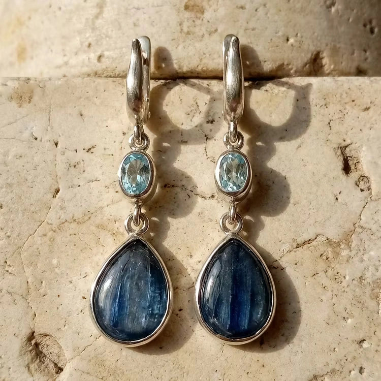Aoaome Elegant Silver with Aquamarine and Banded Blue Gemstones Earrings