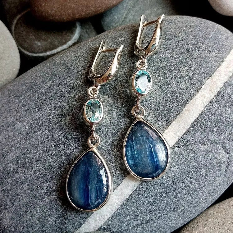Aoaome Elegant Silver with Aquamarine and Banded Blue Gemstones Earrings