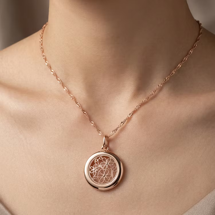 Aoaome Filigree Floral Rose Gold Round Pendant Necklaces