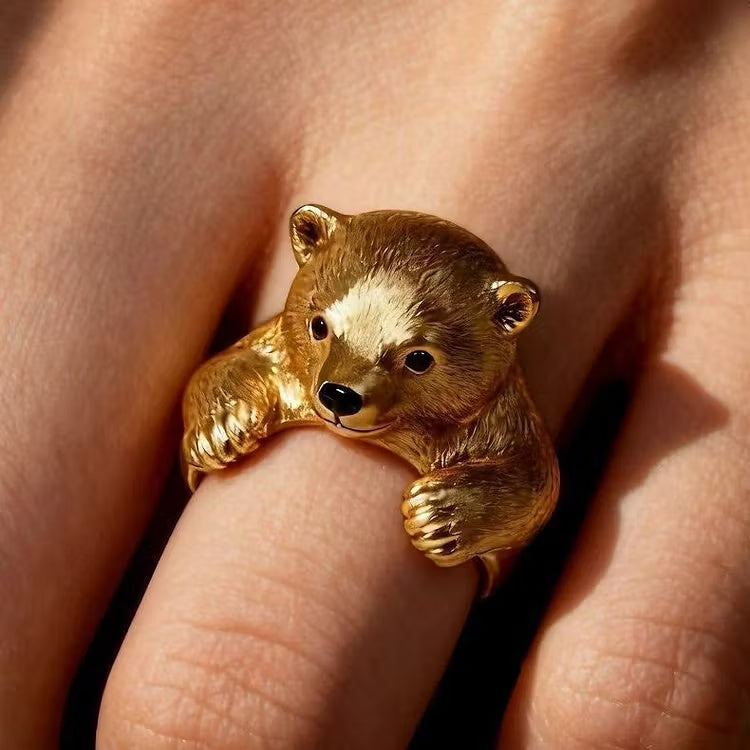 Aoaome "Golden Cub" Vintage Gold Bear Figural Statement Rings