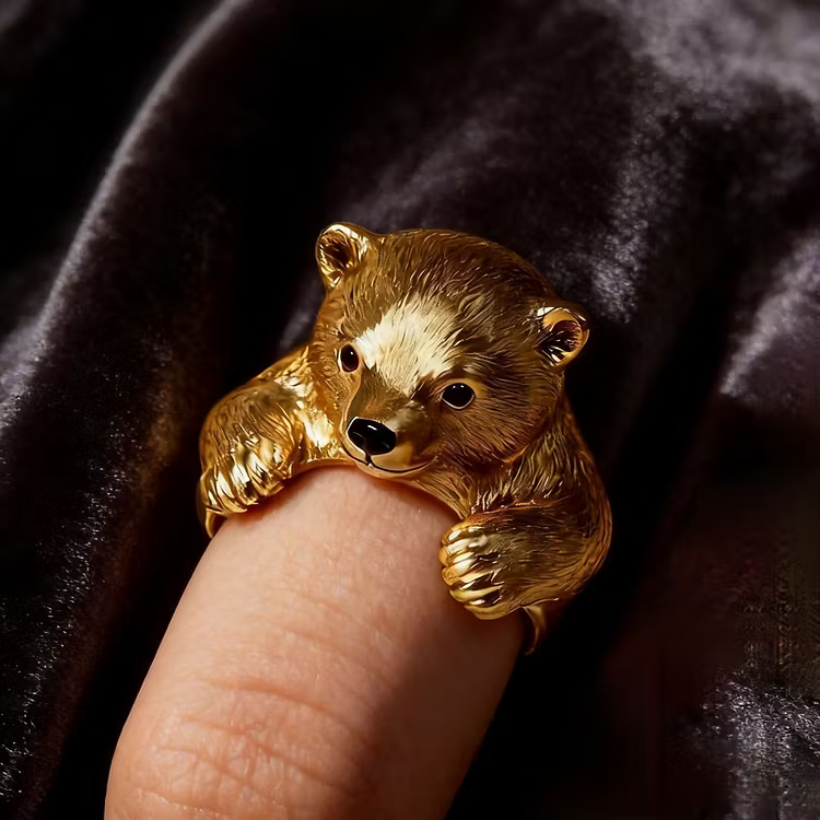 Aoaome "Golden Cub" Vintage Gold Bear Figural Statement Rings