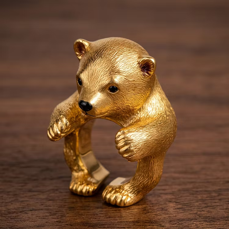 Aoaome "Golden Cub" Vintage Gold Bear Figural Statement Rings
