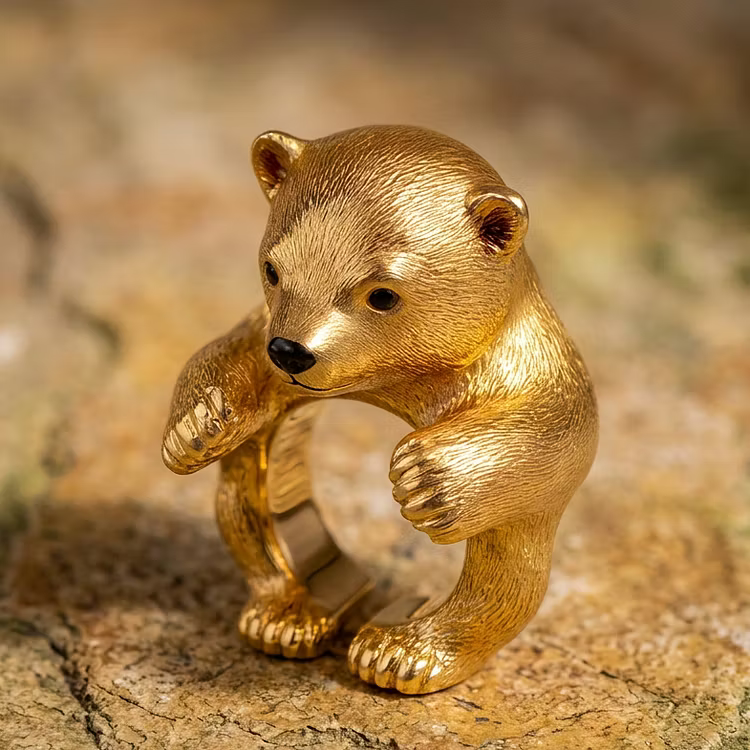 Aoaome "Golden Cub" Vintage Gold Bear Figural Statement Rings