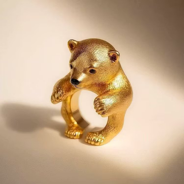 Aoaome "Golden Cub" Vintage Gold Bear Figural Statement Rings