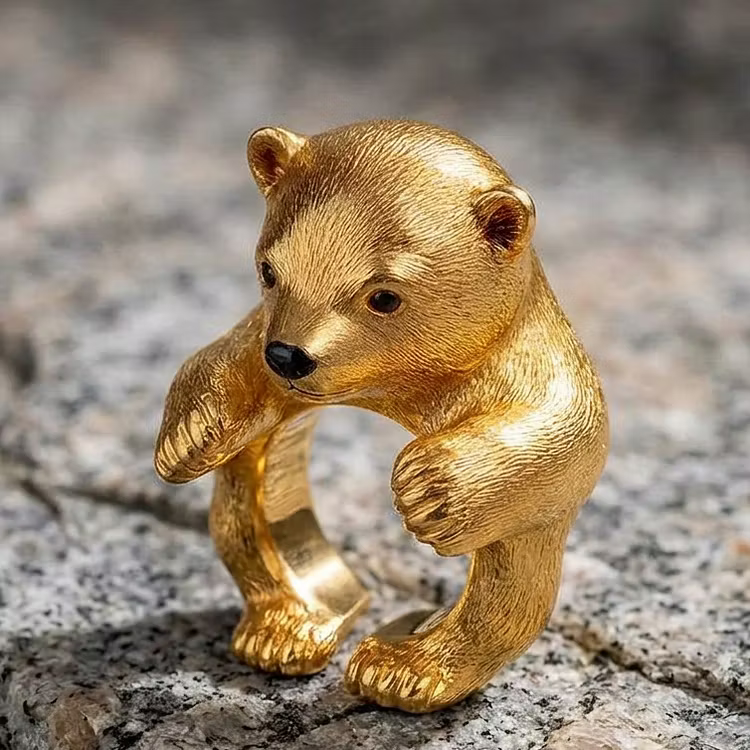 Aoaome "Golden Cub" Vintage Gold Bear Figural Statement Rings