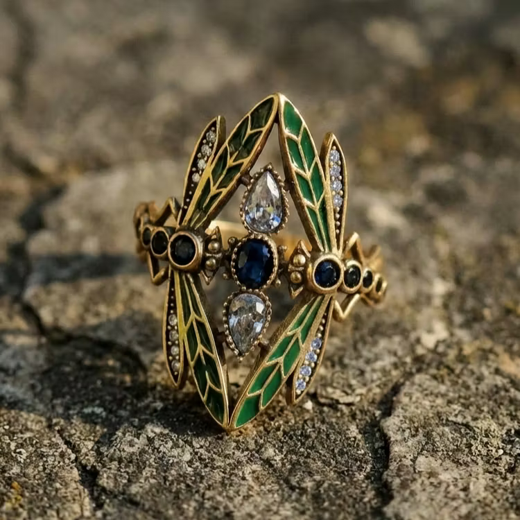 Aoaome Golden Plated Copper Elegant Vintage Dragonfly Rings