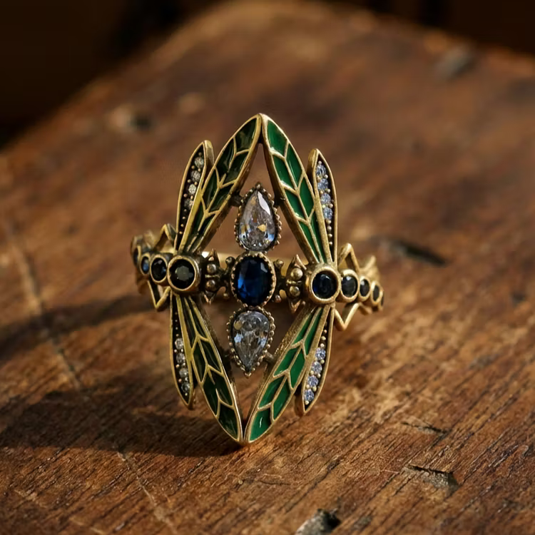 Aoaome Golden Plated Copper Elegant Vintage Dragonfly Rings