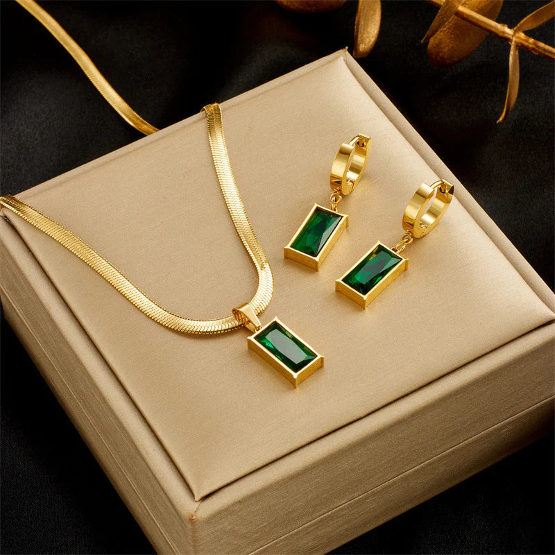 Aoaome Light Luxury Emerald Zirconia Pendant Necklaces Sets