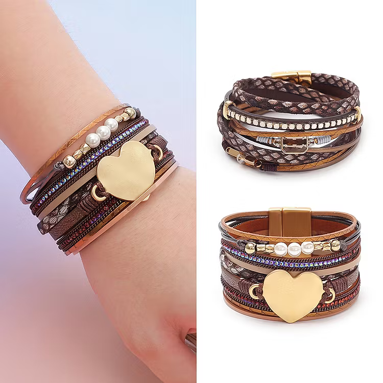 Aoaome Love Pearl Multi Layer Leather Bracelets