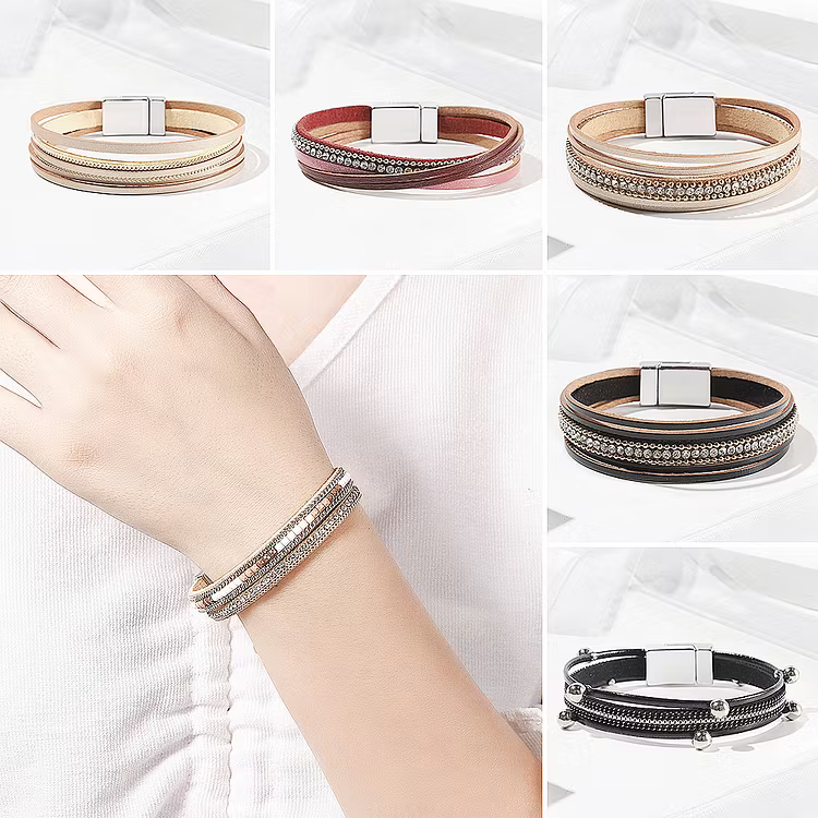 Aoaome Multi Layer Leather Magnetic Buckle Bracelets