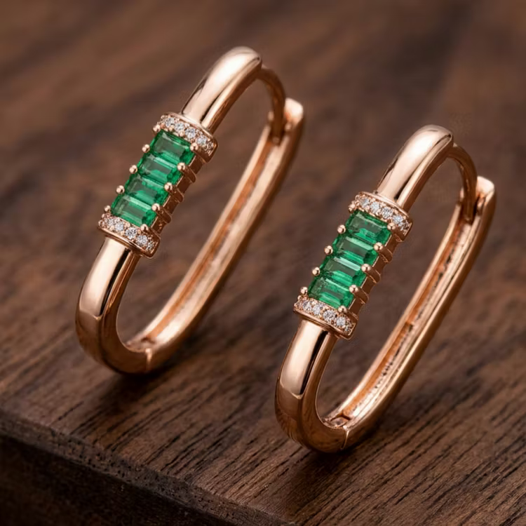 Aoaome Rectangular Hoop Emerald Inlaid Rose Gold Earrings