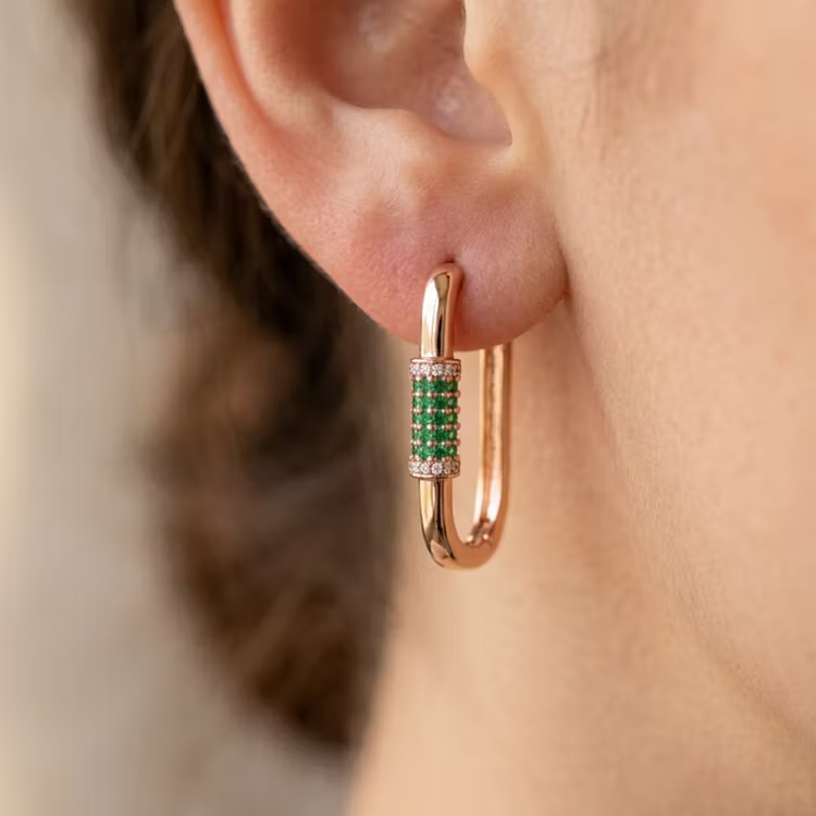 Aoaome Rectangular Hoop Emerald Inlaid Rose Gold Earrings