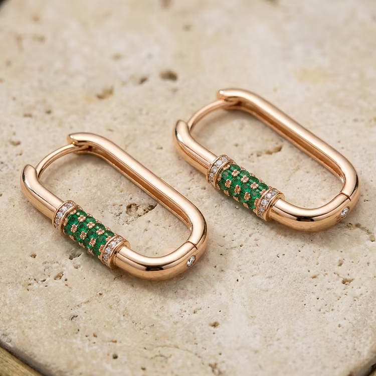 Aoaome Rectangular Hoop Emerald Inlaid Rose Gold Earrings