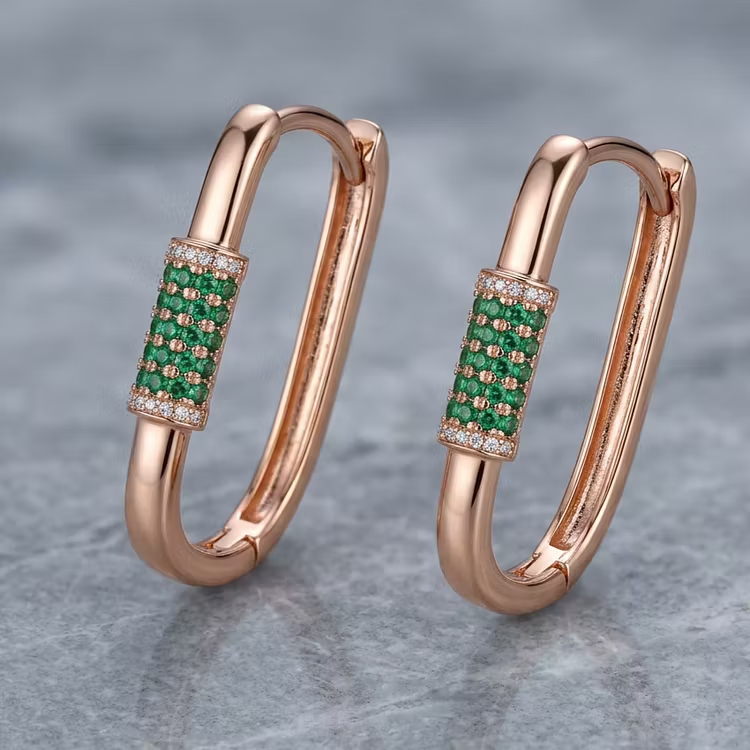 Aoaome Rectangular Hoop Emerald Inlaid Rose Gold Earrings