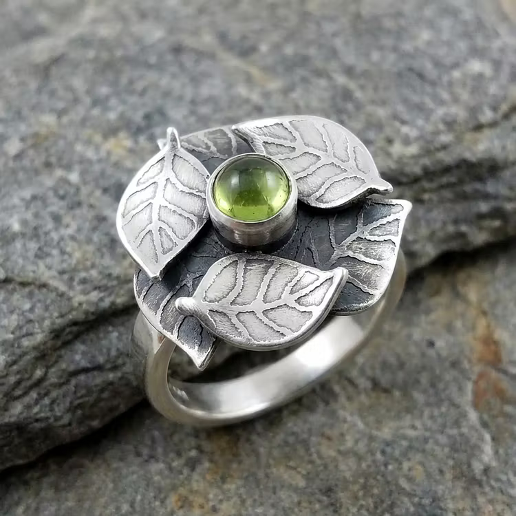 Aoaome Retro Floral Leaf Green Gemstone Rings