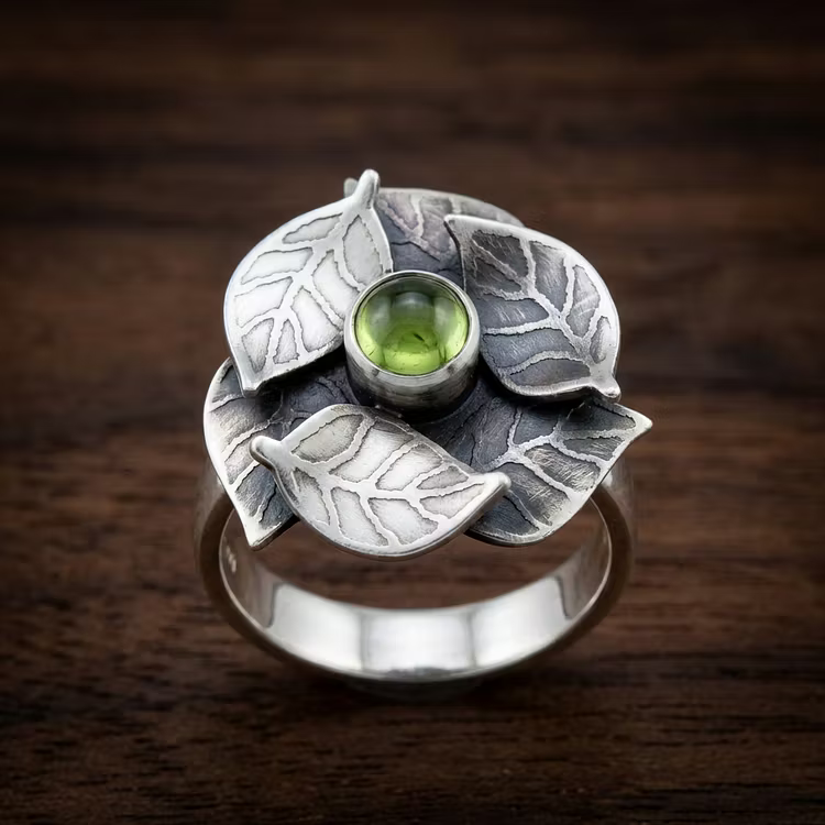 Aoaome Retro Floral Leaf Green Gemstone Rings