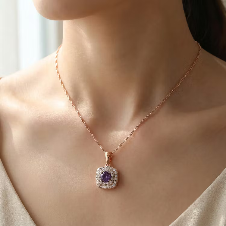Aoaome Rose Gold Amethyst Double Halo Pendant Necklaces