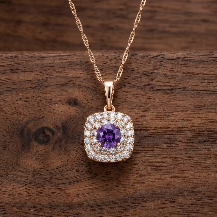 Aoaome Rose Gold Amethyst Double Halo Pendant Necklaces