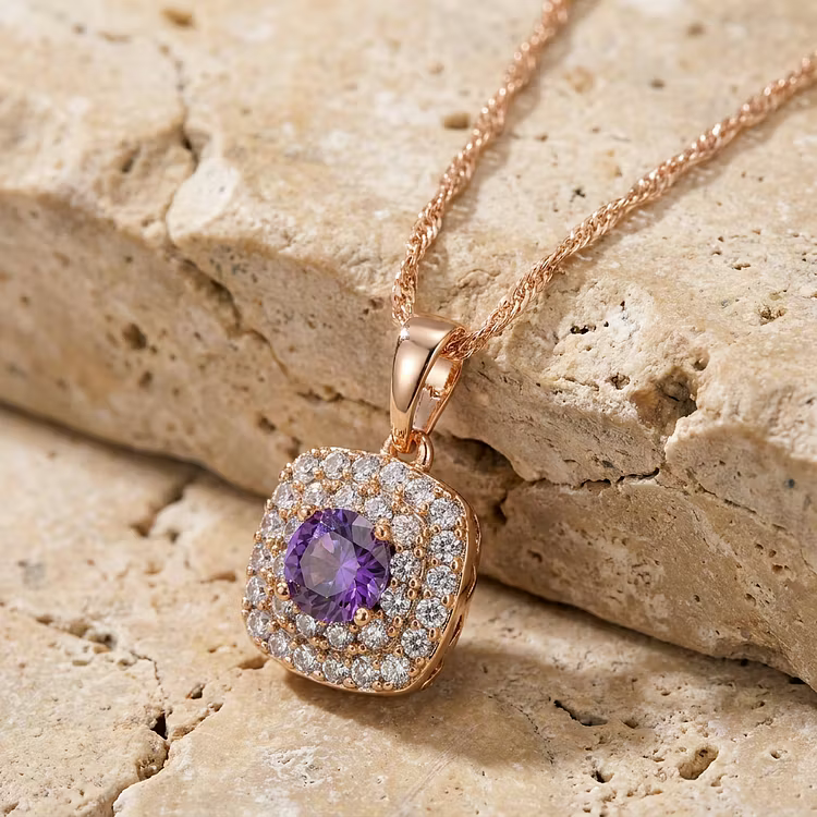 Aoaome Rose Gold Amethyst Double Halo Pendant Necklaces