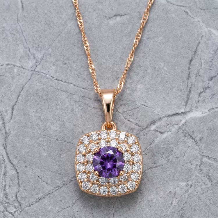 Aoaome Rose Gold Amethyst Double Halo Pendant Necklaces
