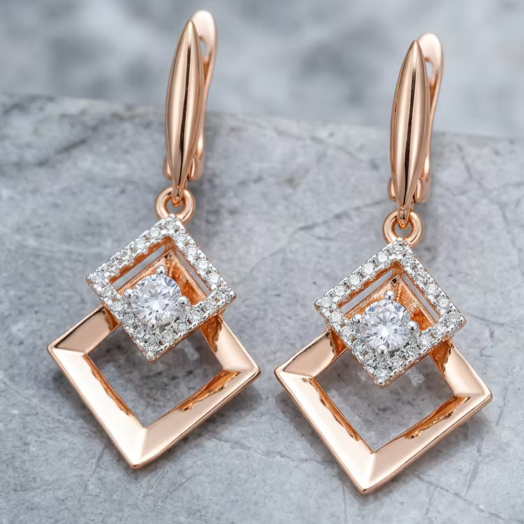 Aoaome Rose Gold Geometric Square Diamond Dangle Earrings