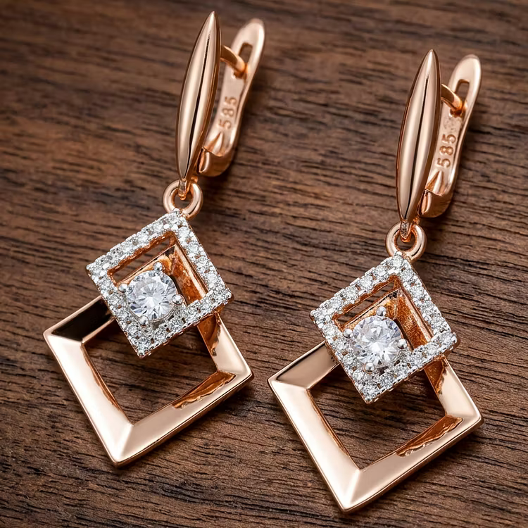 Aoaome Rose Gold Geometric Square Diamond Dangle Earrings